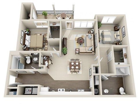 Floor plan for 2 beds, 2 baths, 1103 sqft